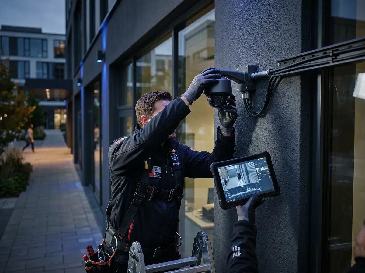 SVTech technician installing a high-resolution CCTV camera on a commercial exterior wall.
