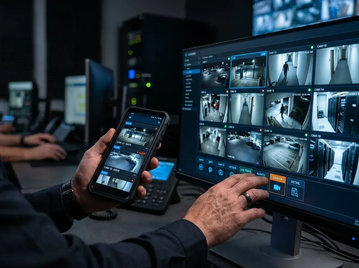 Close-up of remote video monitoring software with live multi-camera feeds.