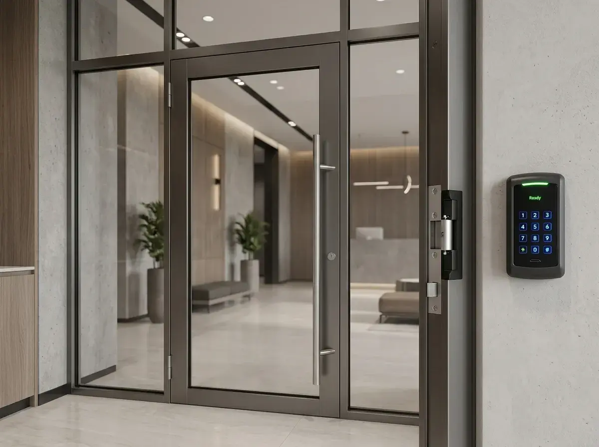 Finished access-control reader and keypad installation at a business entry door.