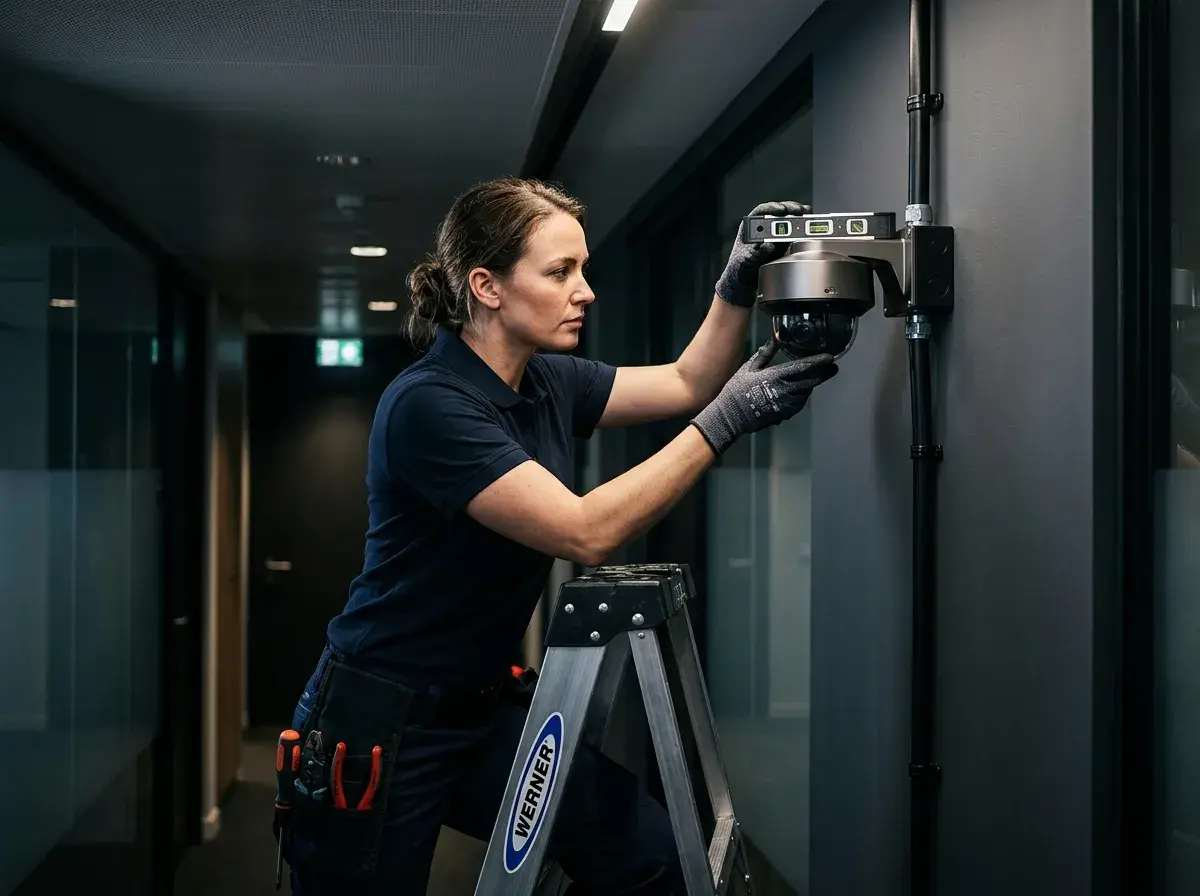 Technician practising precise, clean cable workmanship inside a security cabinet.