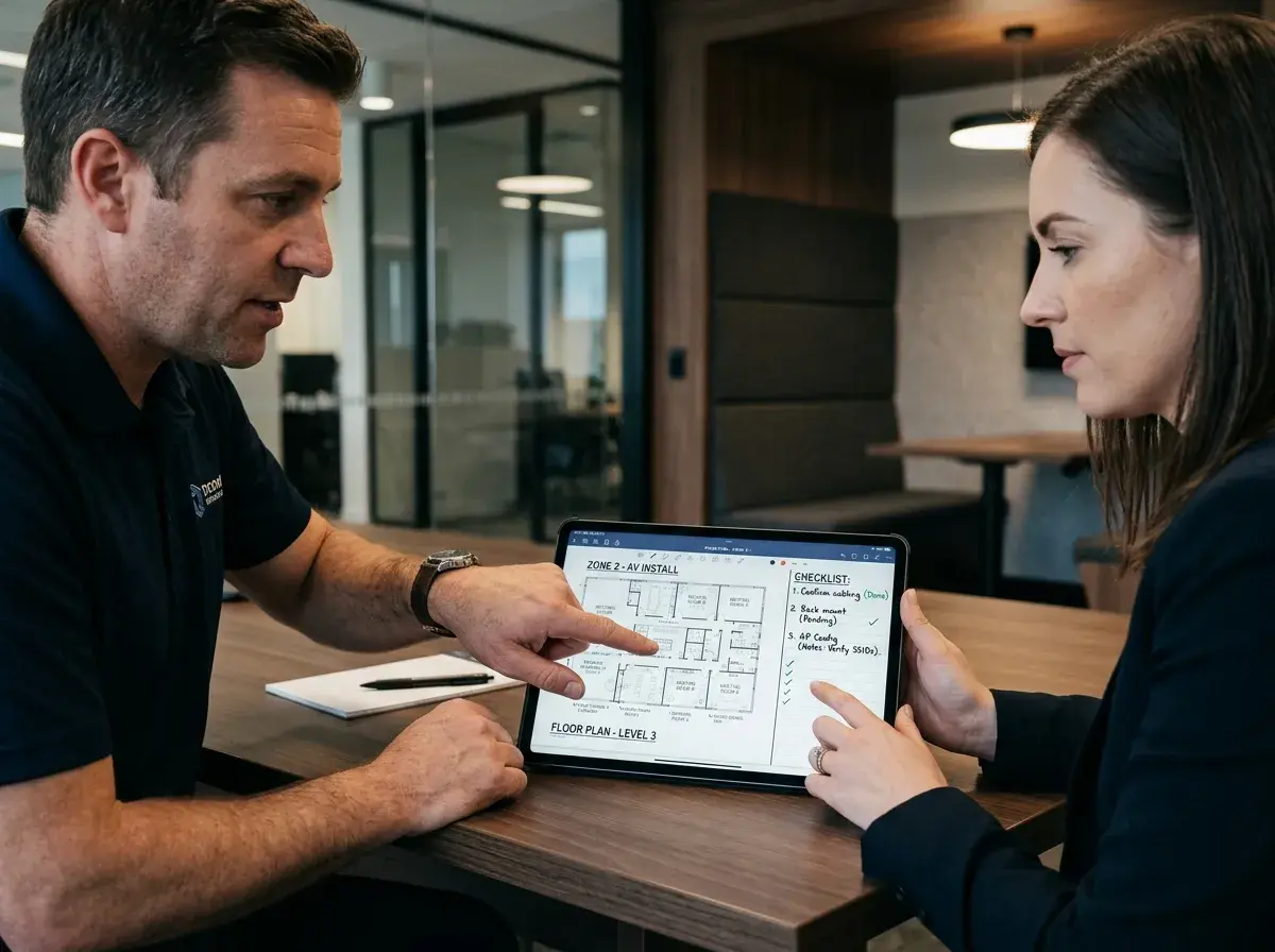 Project lead walking a homeowner through their new security system on a tablet.