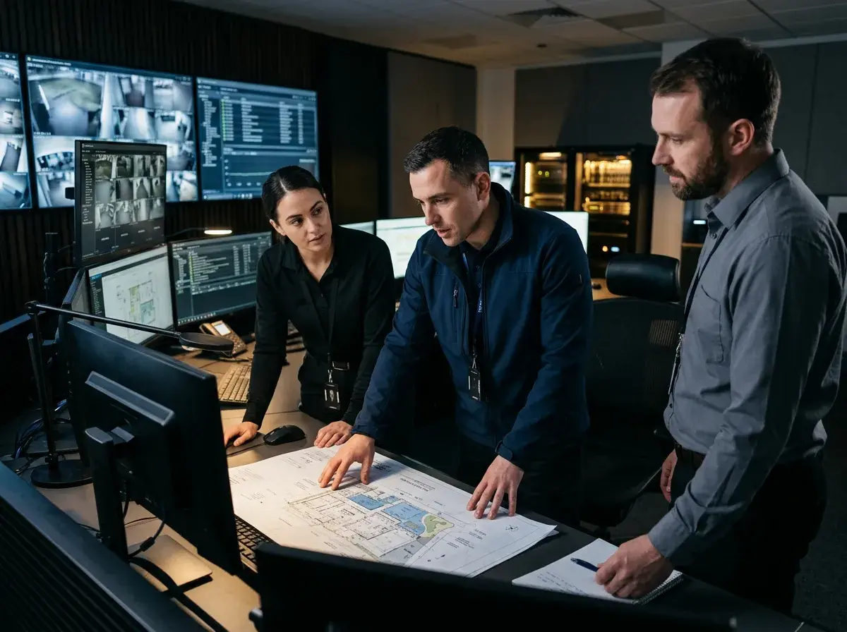 SVTech security team monitoring live camera feeds inside the control room.